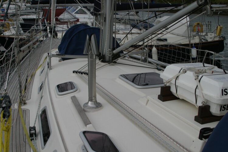 Hanse 411for sale Coachroof - Liferaft seen in position forward of the spray hood.