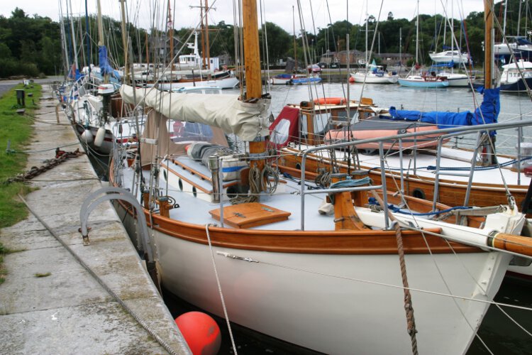 Wooden Classic Gaff cutterfor sale Seen from ashore - Looking along the starboard side