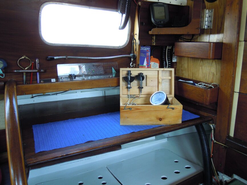 Wooden Classic 29 foot Bermudan Sloopfor sale Chart table - Trailing log in box.
Owner's photo.