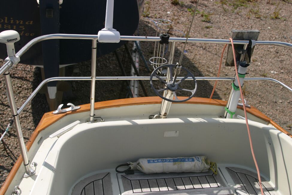 Contessa 32for sale Cockpit looking aft - backstay tensioner clearly visible