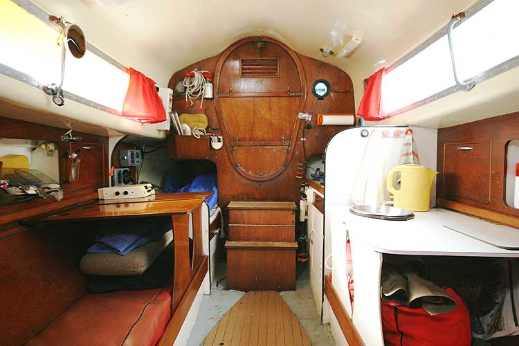 Van de Stadt Pioneer 9for sale Main saloon looking aft - Note the attractive companionway and main hatch